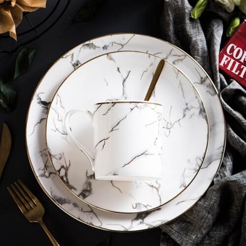 Ceramic Food Dinner Marble Plates Home Decorative Gold Inlay Dishes Steak Kitchen Tableware Milk Tea Cup Salad Tray Plates