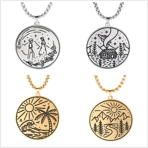 Skyrim Lover Coconut Tree Sun Mountain Pendant Necklace Happy Camper Scenery Stainless Steel Golden Chain Necklaces Jewelry Gift