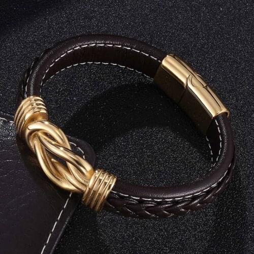 Trendy Men Jewelry Brown Leather Bracelets Handmade Irregular Winding Graphic Stainless Steel Magnet Clasp Bracelet Gifts SP0768