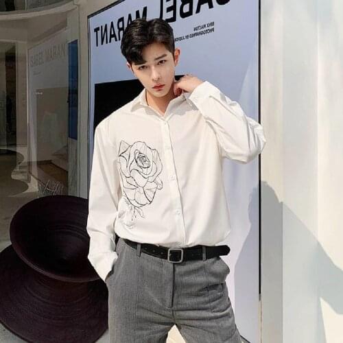 2021 New Mens Floral Shirts Harajuku White Shirt Young Fashion Cotton Casual Tops Male Casual Black Long Sleeve Loose Clothing