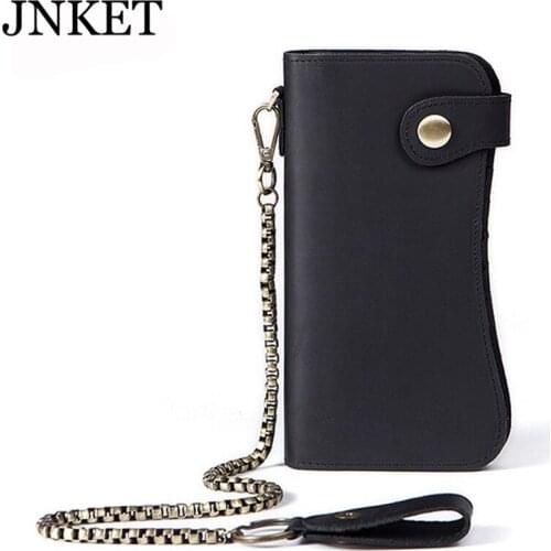 JNKET Retro Mens Long Wallet Crazy Horse Leather Clutch Wallet Large Capacity Holder Clutch Bag Detachable Metal Chain