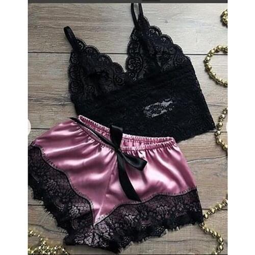 Sexy Women V-Neck Sleeveless Nightwear Women Underwear Sexy Silk Satin Lingerie Lady Pajamas Crop Tops Bra+Shorts 2PCS Sets