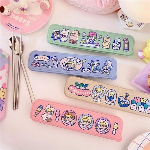 Portable Dinner Set With Box Stainless Steel Chopstick Spoon Set Travel Cutlery Kids For School Outdoor Picnic