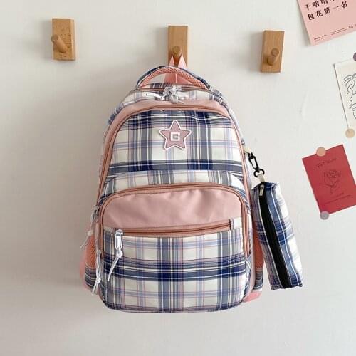 Fashion Lovely Pink Grid Backpack For Girl School Students Bags Teenage Girl Travel Backpacks With Complimentary Pencil Bag