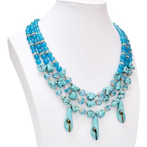 Special Design Blue Chalcedony 3rows Necklace Trumpet Pendant Handmade DIY Jewelry Women Clothing With Festival Birthday Gifts