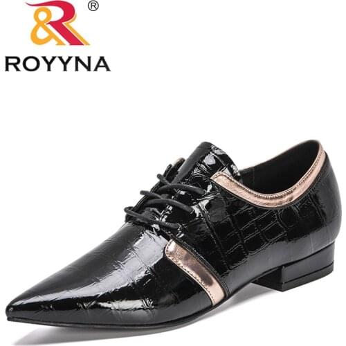 ROYYNA 2021 New Designers Pointed Toe Patent Leather Pumps Women Lower Heels Lace Up Ladies Shoes Office Dress Shoes Feminimo