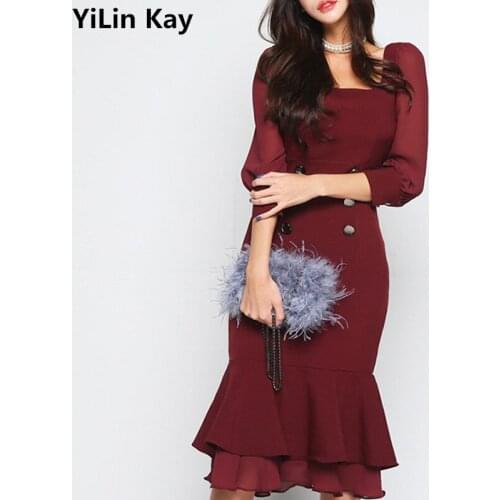 YiLin Kay 2019 Spring High quality Chiffon Patchwork Mermaid Dresses Women Red Sexy Plus Size Ruffles Party Dress Vestidos