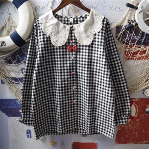 Mori Girl Autumn Women Hook flower hollow Peter Pan Collar bow-knot Cotton Plaid Shirt Women Preppy Style Long Sleeve Tops