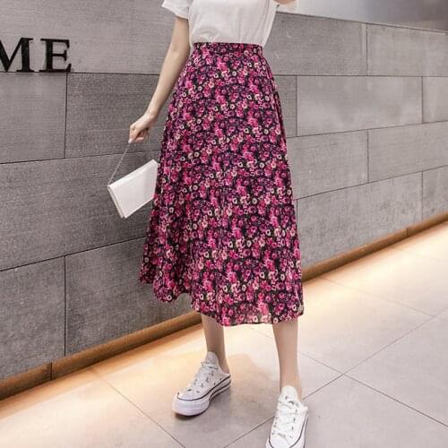 OUMENGKA Mid skirt elegant boho skirts women high waist skirt floral chiffon skirt kawaii skirts womens floral skirt A line