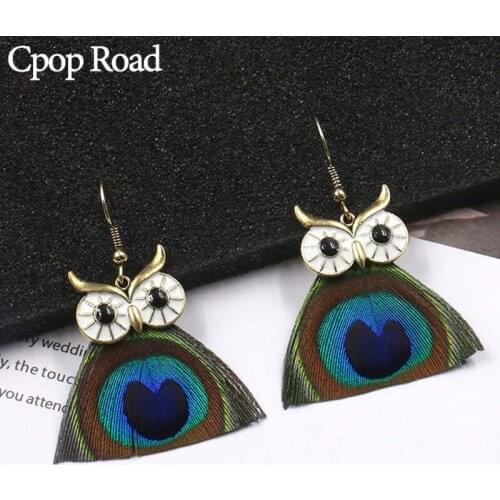 Cpop Owl Peacock Nature Feather Earrings for Women Ethnic Feather Peacock Jewelry Trendy Bohemian Earrings Fashion Jewelry 2019