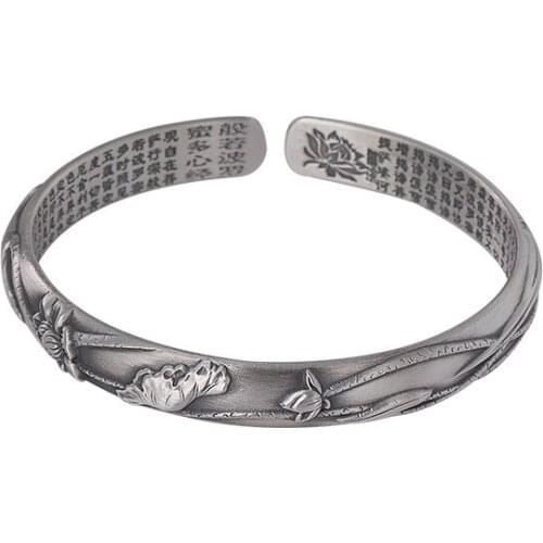 999 pure silver vintage distressed matte Lotus prajna Heart Sutra Lady Sterling Silver open bangle bracelet