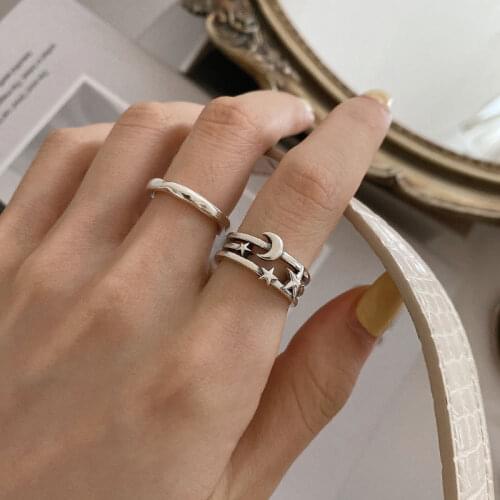 S925 Silver Rings for Women Stars Moon Adjustable Opening Multilayer Ring Simplicity Geometry Accessories Jewelry Wholesale