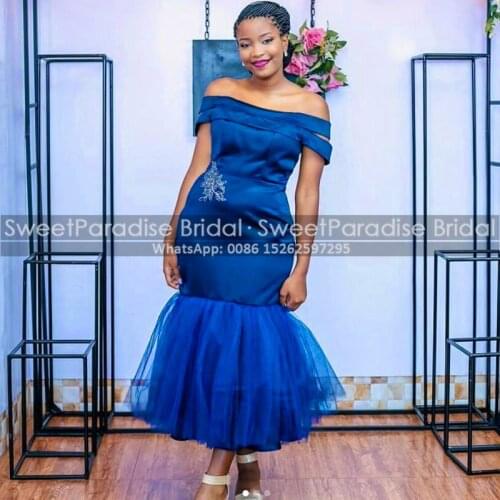 Stylish Mermaid Bridesmaid Dresses Royal Blue Tulle Appliques Beads Off Shoulder Ankle Length Long Bridal Party Dress Prom