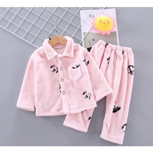 Winter Flannel Kids Pajamas Sets Child Warm Sleepwear Cartoon Print Baby Girls Boys Nightwear Children Pajamas Coral Velvet Sets