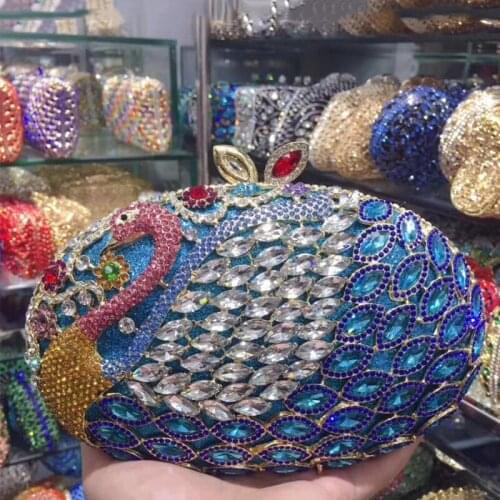 Peapock Shape White/Blue Rhinestone Handbags New Fashion Diamond Evening Clutches Mini Crytal Party Ball ChainMini Clutch Purses