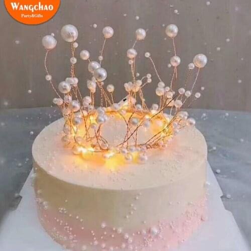 Shiny Handmade Pearl Princess Crown Cake Topper Wedding Cake Decorating Bride and Groom Happy Birthday Hat Cake Decoration