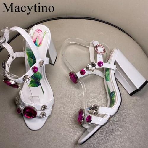 Floral Printing High Heel Sandals Diamond Chunky Heel Shoes Womens Bridal Wedding Pumps Big Size Crystal Women Pumps