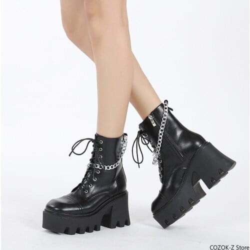 Fashion Black Boots Women Heel Spring Autumn Lace-up Soft Leather Platform Shoes Woman Party Ankle Boots High Heels Punk