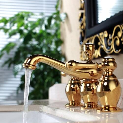 European classical three-hole antique golden faucet basin hot and cold all copper washbasin under counter basin faucet