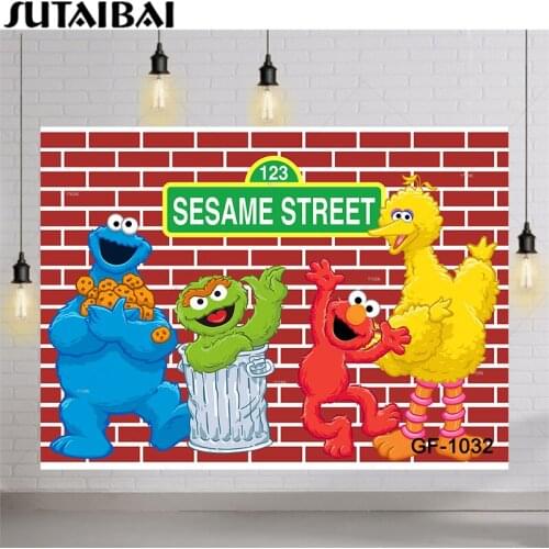 Happy Birthday Photography Backdrops Sesame Street World Party Bricks Wall Photo Background for Pictures Custom Photo Backdrop