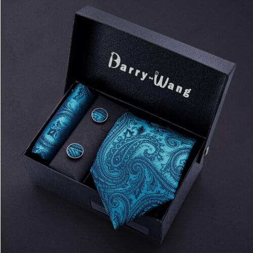 Ties for Men Gift Blue Paisley Men Tie Silk Floral Neck Tie Pocket Square Box Set Men Wedding Tie Designer Barry.Wang BB-5164