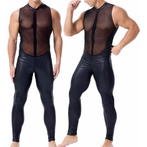 Men Jumpsuits PU Leather Mesh Patchwork Trousers One-piece Sleeveless Bodysuits Sexy Zipper Fitness Gay Undershirts Clubwear 2XL