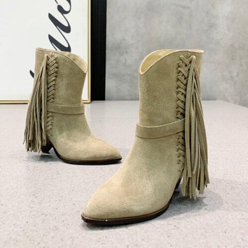 2021 Newest Hot Winter Shoes Woman Retro Nubuck Ankle Boots Woman Fringe Decors Boots Woman Pointed-Toes Spike Heels Boots Woman