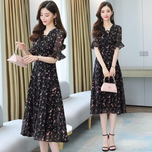 . the new slim temperament goddess Fan Da pendulum and ankle long sleeve small floral chiffon dress