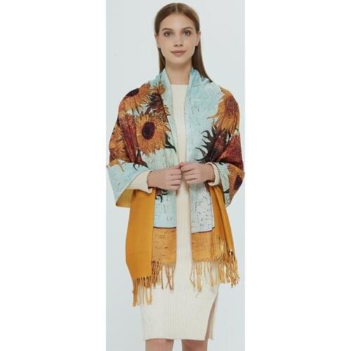 Autumn winter Designer New women cashmere scarf shawl Digital painted shawl Van Gogh oil painting pashmina ladies Blanket scarf