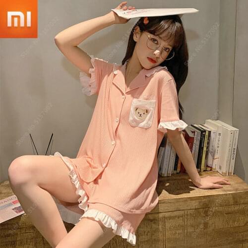 Xiaomi Summer Pure Color Pajamas Ladies Sleepwear Embroidered V-neck Homewear Suit Women Casual Thin Home Wear Sleepwear