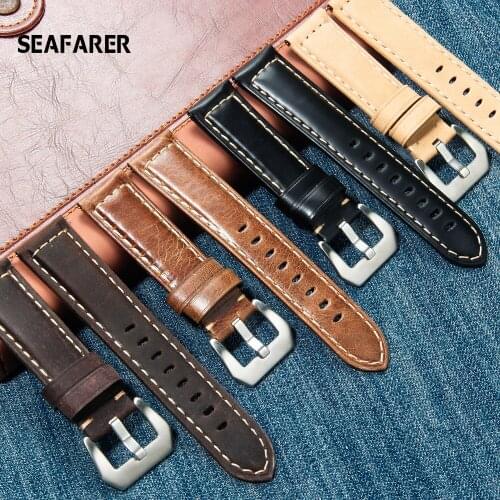 Genuine Leather Watch Band Strap Porous 20mm 22mm 24mm Dark Brown Handmade Oil Wax Leather Watch Strap Quick Release Women Men