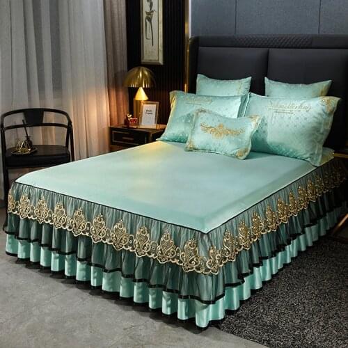 Luxury European Style Bedspread Lace Bed Skirt Solid Color Embroidery Thickened Protective Cover Queen King Size Bed Sheet Set
