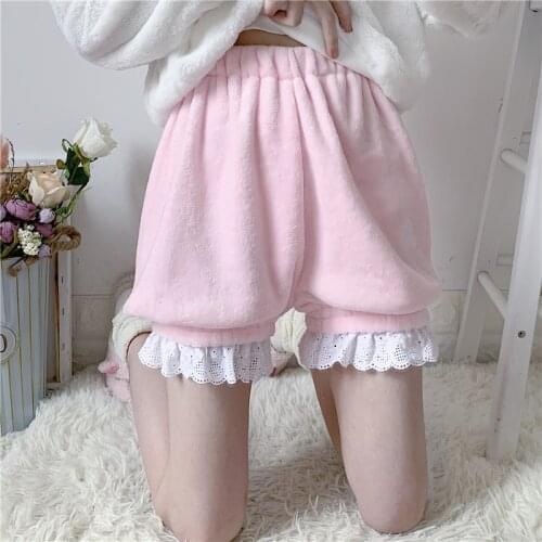 Lantern Shorts Autumn Winter Soft Plush Japanese Girls Kawaii Lace Ruffles Puff Pumpkin Pants Women Cute Lolita Bottoms Leggings