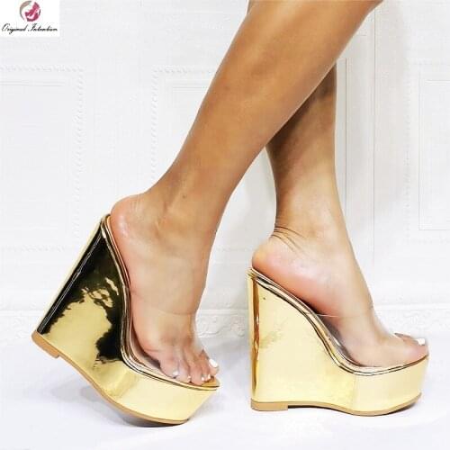 Summer Rubber Bottom Wedges Slippers Slides Women Golded Super High Platform Peep Toe High Heels Sexy Outside PVC Sandals Ladies
