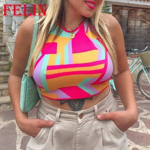 Za 2021 Summer Bright Color Geometric Women Sexy Tanks Knitted Cropped Tops Mujer Sleeveless Chic Femal Blouses Mujer Chaleco