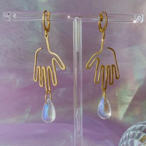 Golden Hands Dangle Earrings with Teardrop Beads