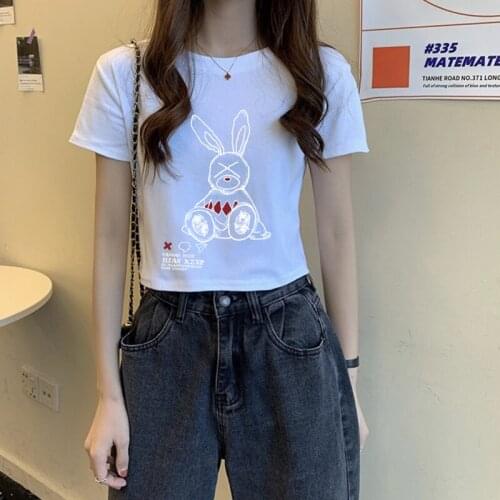 WEIHAOBANG New Summer Open Navel Short Sleeve T-shirt Rabbit Pattern Dark High Street Tops O-neck Cotton T-shirt White Shirt
