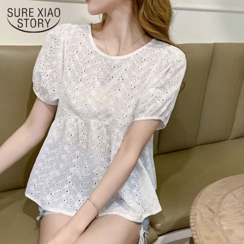 Summer Women Tops Korean Style Hollow Lace Blouse Femme 2021 Puff Short Sleeve Loose Stitching Ladies Women Shirts Blouses 15267