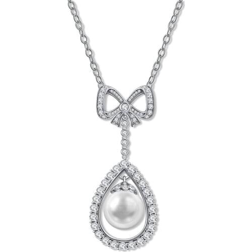 100% Solid 925 Sterling Silver 14MM Pearl Bow Pendant Necklaces For Women Fine Jewelry
