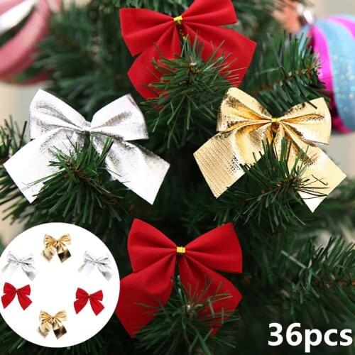 36pcs Christmas Bows Glitter Bowknots Christmas Tree Ornaments Pendant Xmas Hanging Decor Adornments Holiday Home Party Supplies