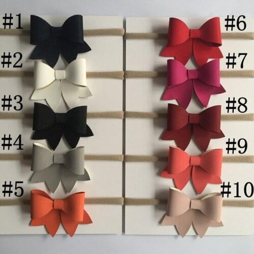 50pcs Fashion Cute Leather Bow Newborn Super Soft Nylon Hairbands Kawaii Solid Glitter Candy Color Bowknot Headbands Headwear