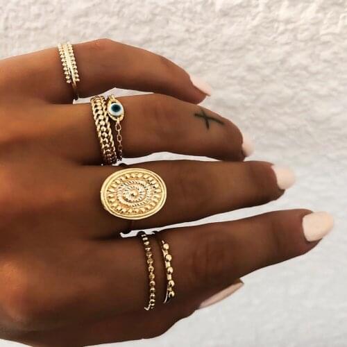 6pcs/set Punk Silver Plated Gold Color Blue Evil Eye Cross Flower Rings Set Geometric Jewelry Knuckle Midi Rings for Women Gift
