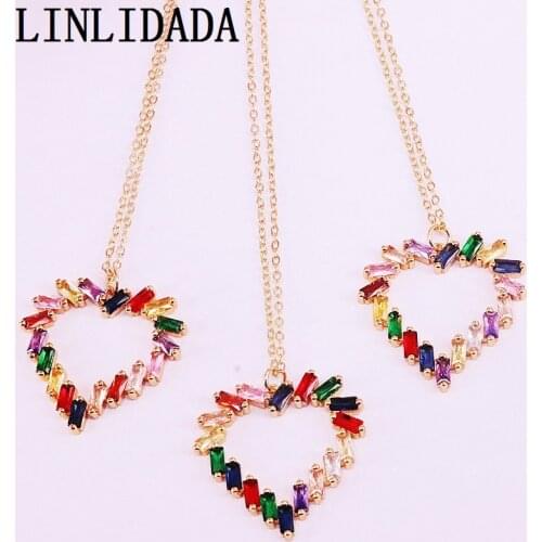 8Pcs Gold Filled Heart Pendant Necklaces Fashion Rainbow Zirconia CZ Micro Paved Necklace Jewelry