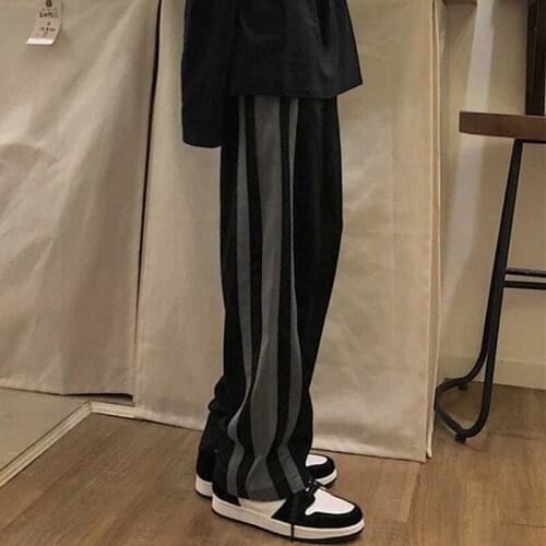 Loose Straight Wide Leg Pants Womens BF Harajuku Side Stripe Cargo Pants Female Teens Casual Trousers Chic Autumn Black Joggers