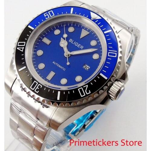 Blue dial black blue ceramic rotating bezel 44mm date BLIGER automatic movement wristwatch