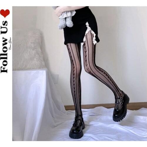Japanese Dark Love Striped Stockings Female Gothic Brand Designer Lace Fishnet Stockings Lady Lolita Sexy Love Dots Tights Woman