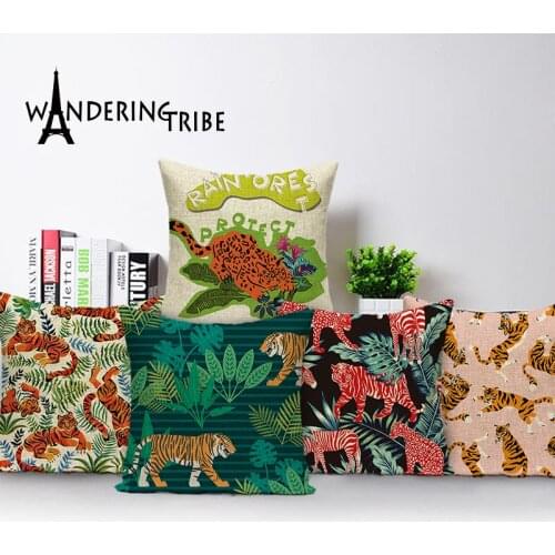 Green Decorative Cushions Sofa Tiger Animal Pillow Cover 45*45 Jungle Pillows Home Decor Custom Linen Cushion Cover Car Chair