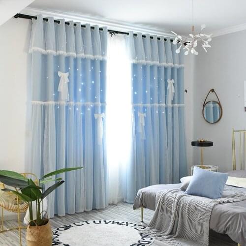 Custom Made Princess style Double Layer Blackout Star Hollow Curtains with Hang Tulle Fabric for Home Living Room window Decor