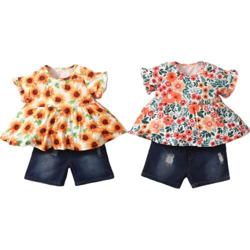 Girl’s T-shirt and Shorts Set Fashion Flower Short-sleeved Tops and Ripped Elastic Denim Short Pants 18M-6T