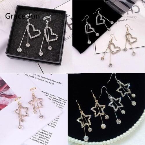 Grace Jun Fashion Gold/Silver Color EarringsRhinestone Crystal Heart Star Shape Clip on Earrings and Pierced Earrings for Girl